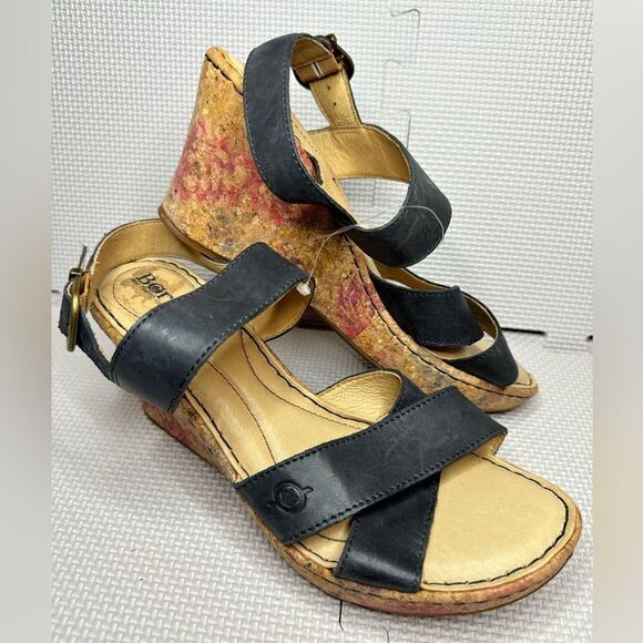 Born women’s Floral Wedges Navy Leather size 9M sandals born shoes - Picture 1 of 12